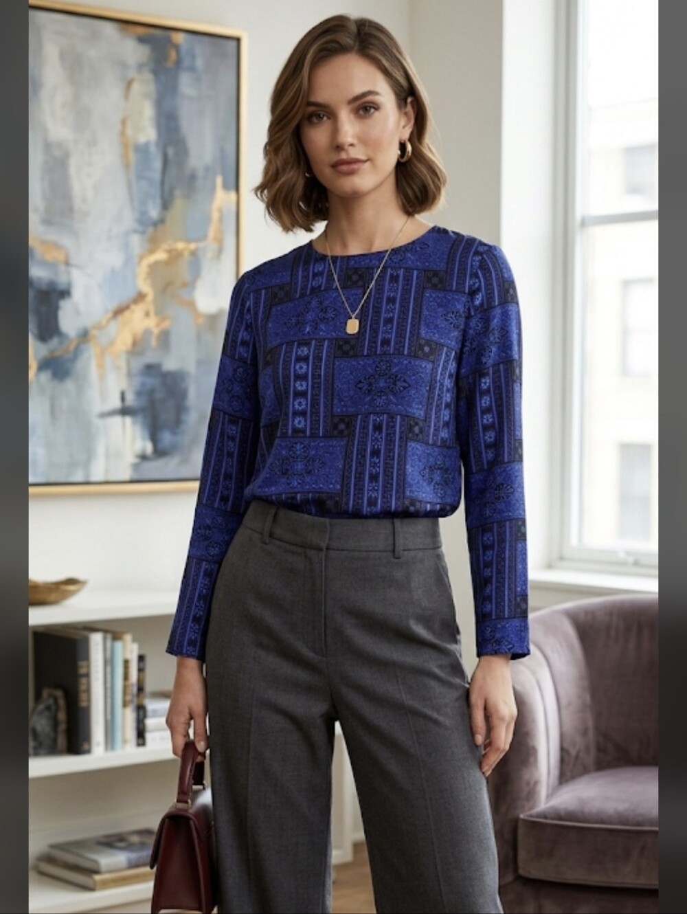 Vintage Blue Greek Key Tile Print Long Sleeve Silk Blouse Size Petite Small